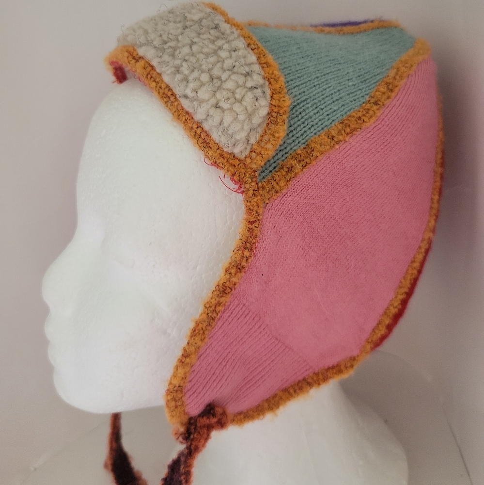 Colorado Flag Knit Ski Hat Earflaps Aviator Patchwork Sherpa Lined Recycled Wool